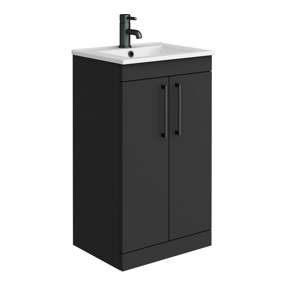 Arezzo 500 Matt Black Floor Standing Vanity Unit with White Slimline Basin + Matt Black Handles