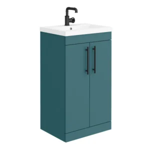 Arezzo Floor Standing Vanity Unit - Matt Teal Green - 500mm with Industrial Style Black Handles