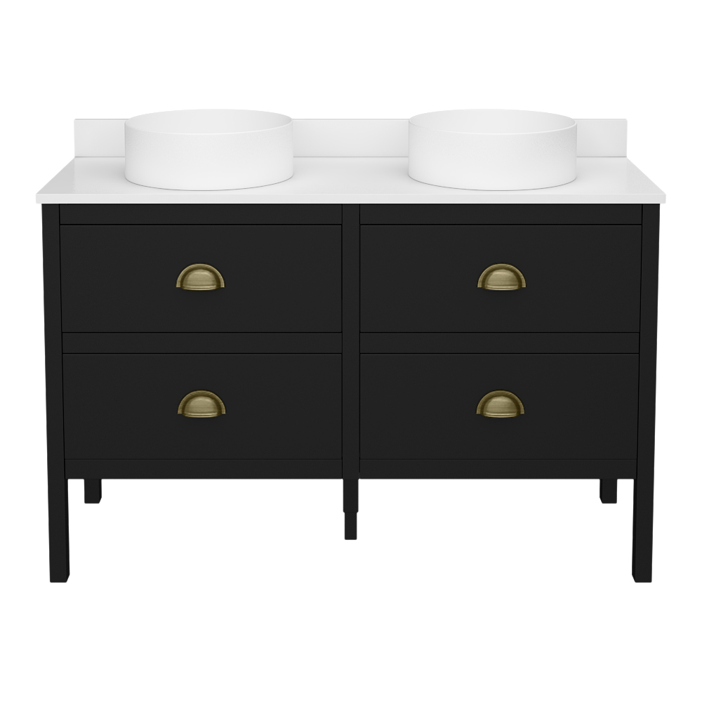 Alchemy 1210mm Matt Black Vanity Unit with White Granite Worktop, Antique Brass Handles & 2 Round Basins - Image 6