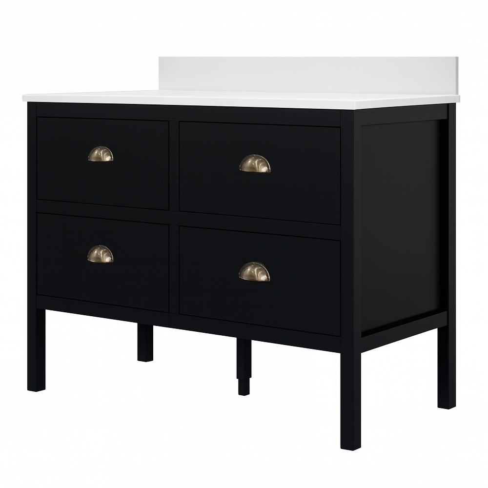 Alchemy 1210mm Floor Standing Vanity Unit - Matt Black with White Granite Worktop & Antique Brass Handles - Image 3