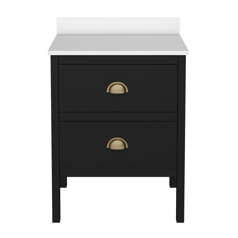 Alchemy 610mm Floor Standing Vanity Unit - Matt Black with White Granite Worktop & Antique Brass Handles - Image 5