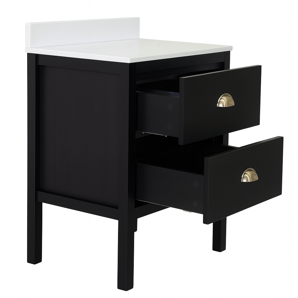 Alchemy 610mm Floor Standing Vanity Unit - Matt Black with White Granite Worktop & Antique Brass Handles - Image 4