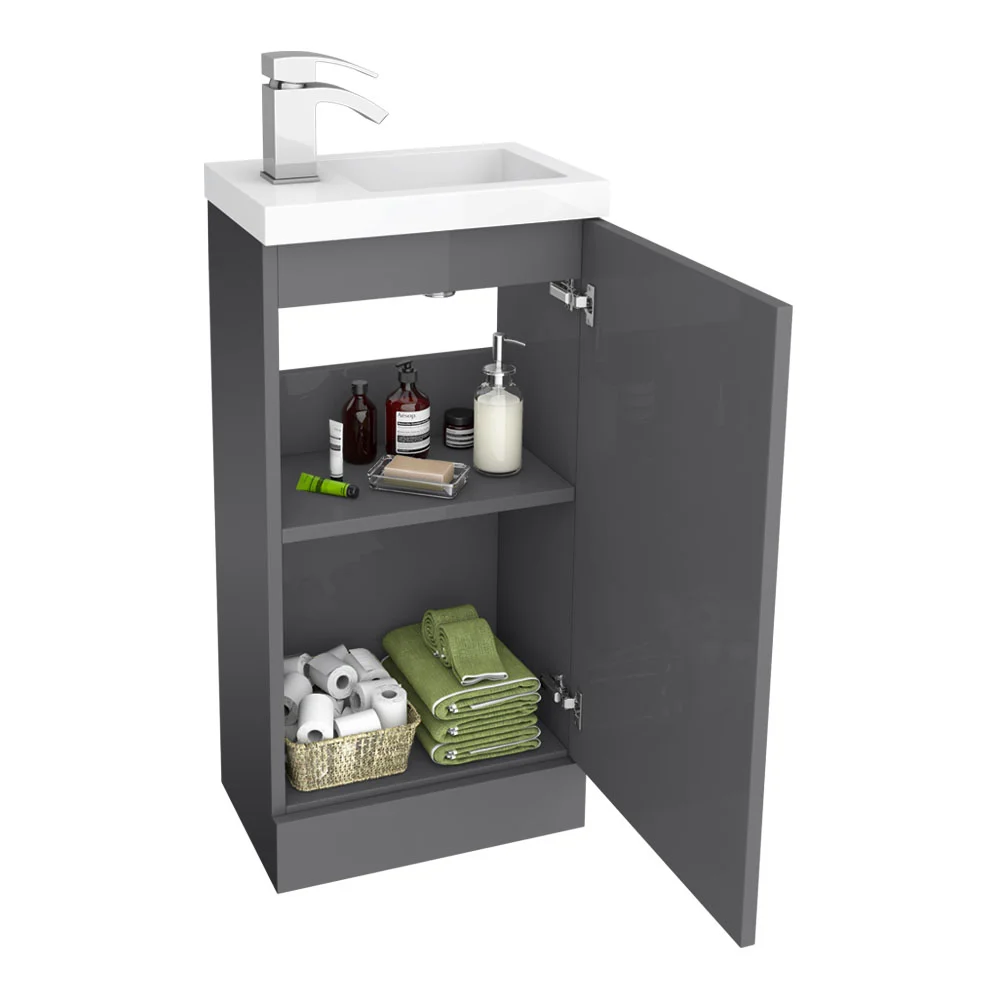 Apollo2 405mm Gloss Grey Compact Floor Standing Vanity Unit w. Matt Black Handle - Image 3