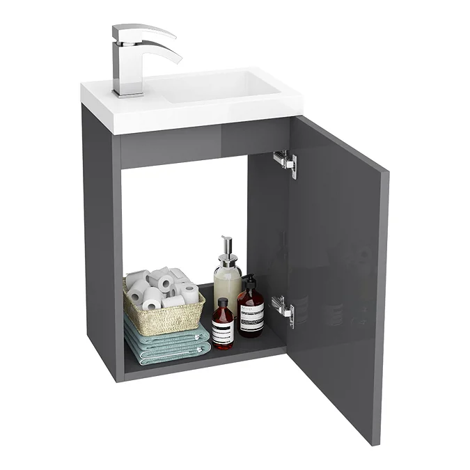 Apollo2 405mm Gloss Grey Compact Wall Hung Vanity Unit w. Matt Black Handle - Image 5