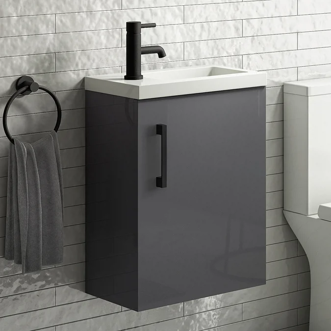 Apollo2 405mm Gloss Grey Compact Wall Hung Vanity Unit w. Matt Black Handle