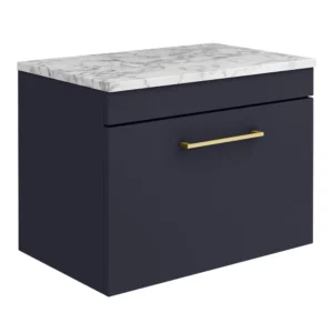 Arezzo Wall Hung Countertop Vanity Unit - Matt Blue - 600mm w. Matt White Marble Worktop & Brass Handle