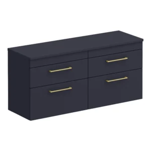 Arezzo Matt Blue Wall Hung 4 Drawer Double Countertop Vanity Unit (1200mm w. Brushed Brass Handles)