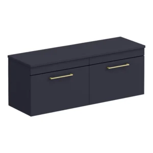 Arezzo Matt Blue Wall Hung Double Countertop Vanity Unit (1200mm w. Brushed Brass Handles)