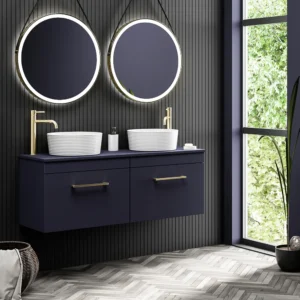 Arezzo Matt Blue Wall Hung Double Countertop Vanity Unit incl. 2 Basins (1200mm w. Brushed Brass Handles)
