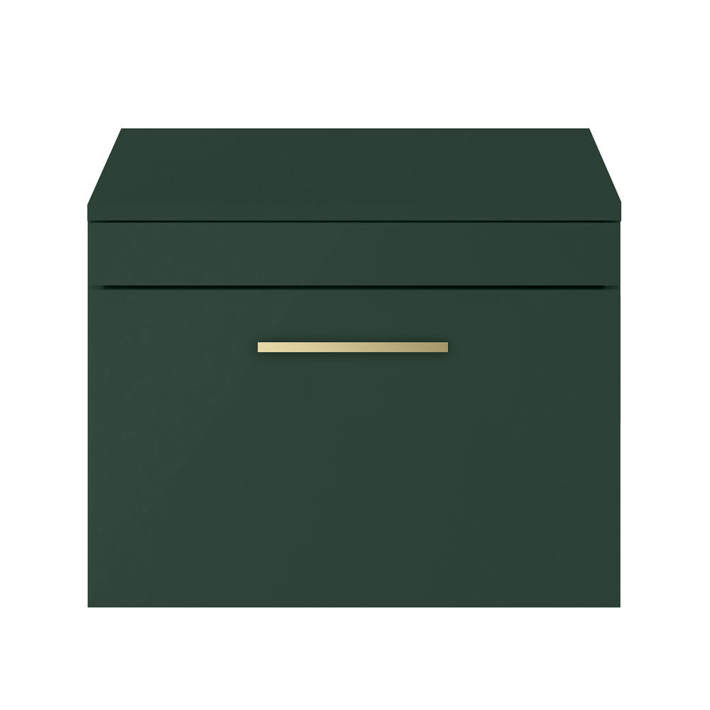 Arezzo Wall Hung Countertop Vanity Unit - Matt Dark Green - 600mm with Brushed Brass Handle - Image 3