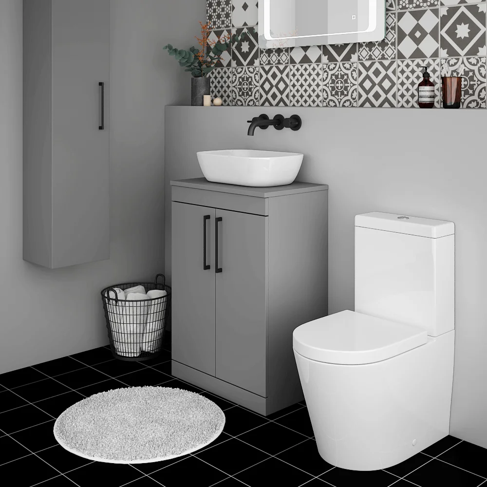 Arezzo Floor Standing Countertop Vanity Unit - Matt Grey - 600mm with Matt Black Handles - Image 3