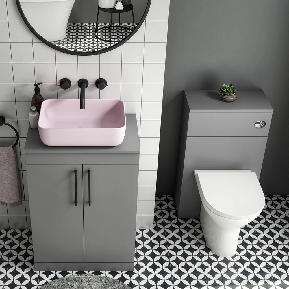 Arezzo Floor Standing Countertop Vanity Unit - Matt Grey - 600mm with Matt Black Handles - Image 2