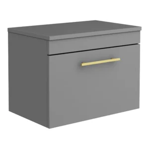 Arezzo Wall Hung Countertop Vanity Unit - Matt Grey - 600mm with Industrial Style Brushed Brass Handle
