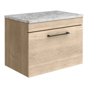 Arezzo Wall Hung Countertop Vanity Unit - Rustic Oak - 600mm w. Matt White Marble Worktop & Matt Black Handle