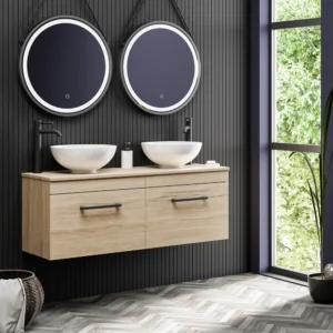 Arezzo Rustic Oak 1200mm Wall Hung Double Countertop Vanity Unit with Matt Black Handles & 2 Basins