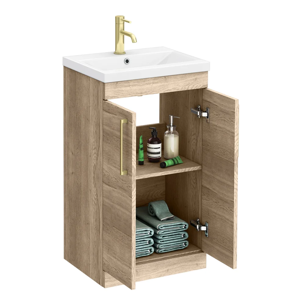 Arezzo Floor Standing Vanity Unit - Rustic Oak - 500mm with Brushed Brass Handles - Image 3