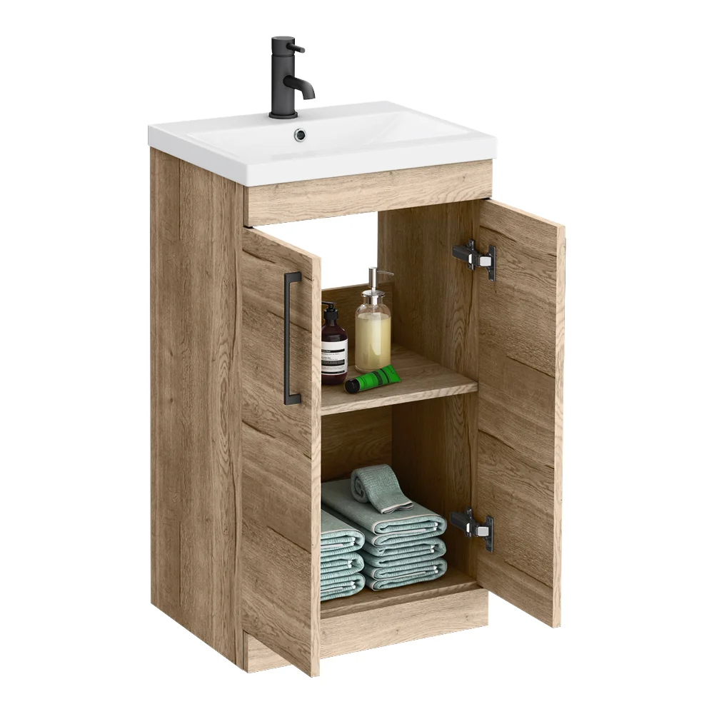 Arezzo Floor Standing Vanity Unit - Rustic Oak - 500mm with Matt Black Handles - Image 3