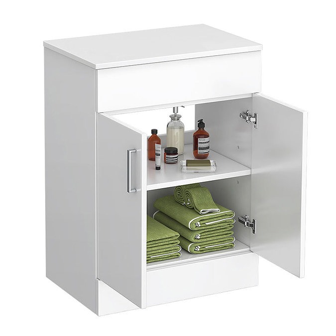 Toreno Floor Standing Countertop Vanity Unit - Gloss White - 605mm with Chrome Handles - Image 2