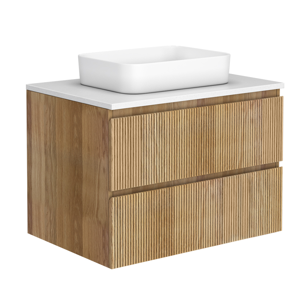 Osaka Slatted Oak 800mm Wall Hung 2-Drawer Countertop Vanity Unit with White Stone Worktop and Rectangular Basin