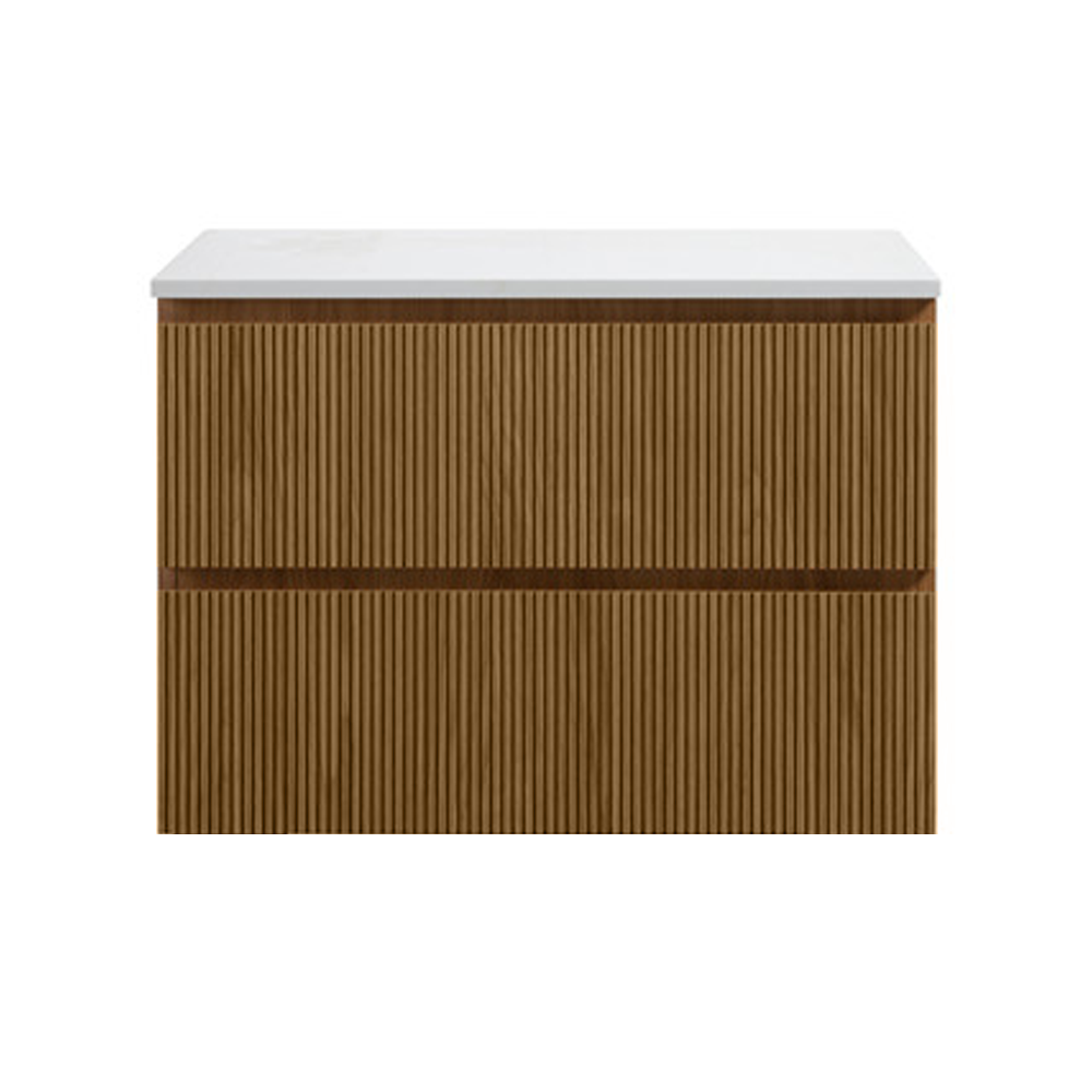 Osaka Slatted Oak 800mm Wall Hung 2-Drawer Countertop Vanity Unit with White Stone Worktop and Rectangular Basin - Image 4