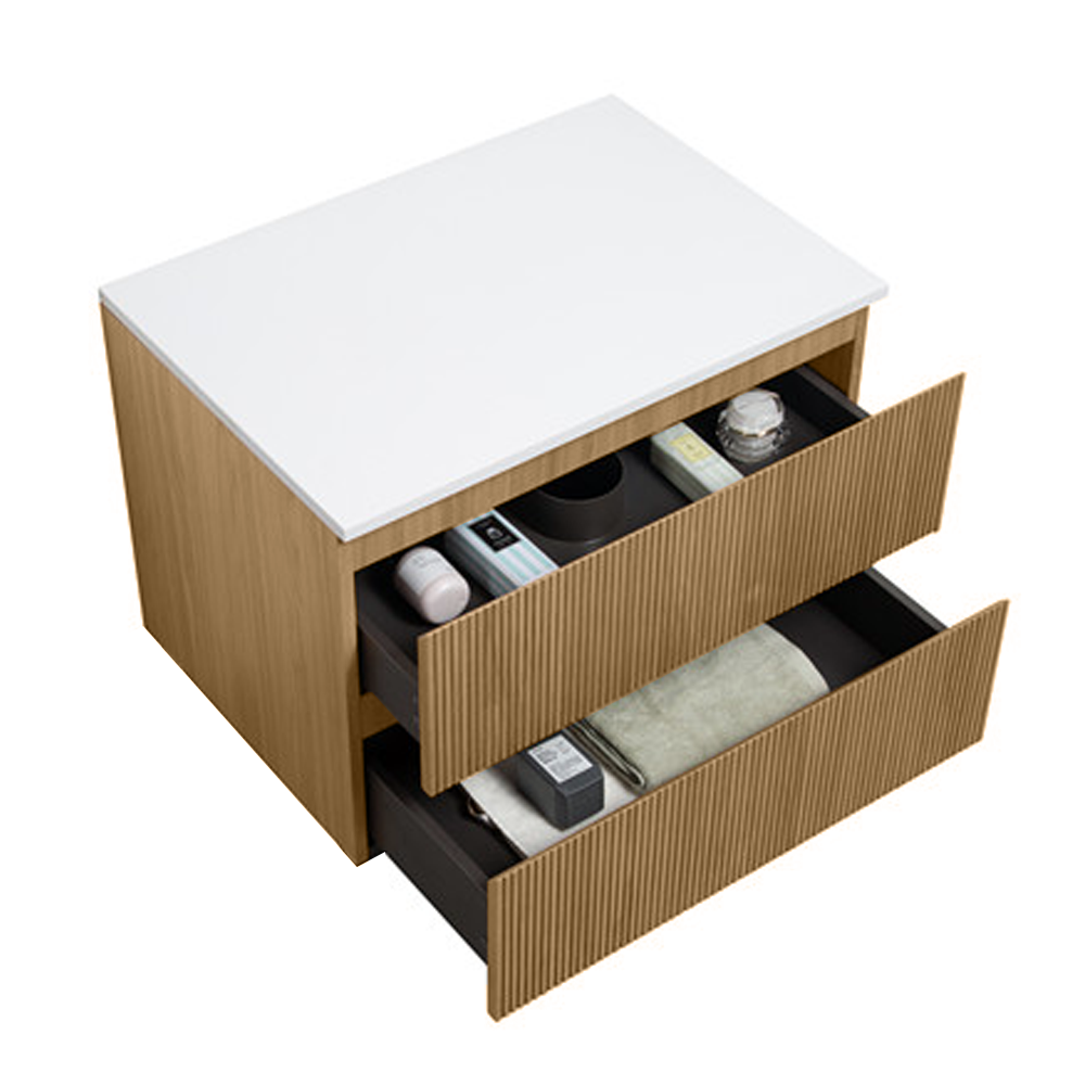 Osaka Slatted Oak 800mm Wall Hung 2-Drawer Countertop Vanity Unit with White Stone Worktop and Rectangular Basin - Image 3