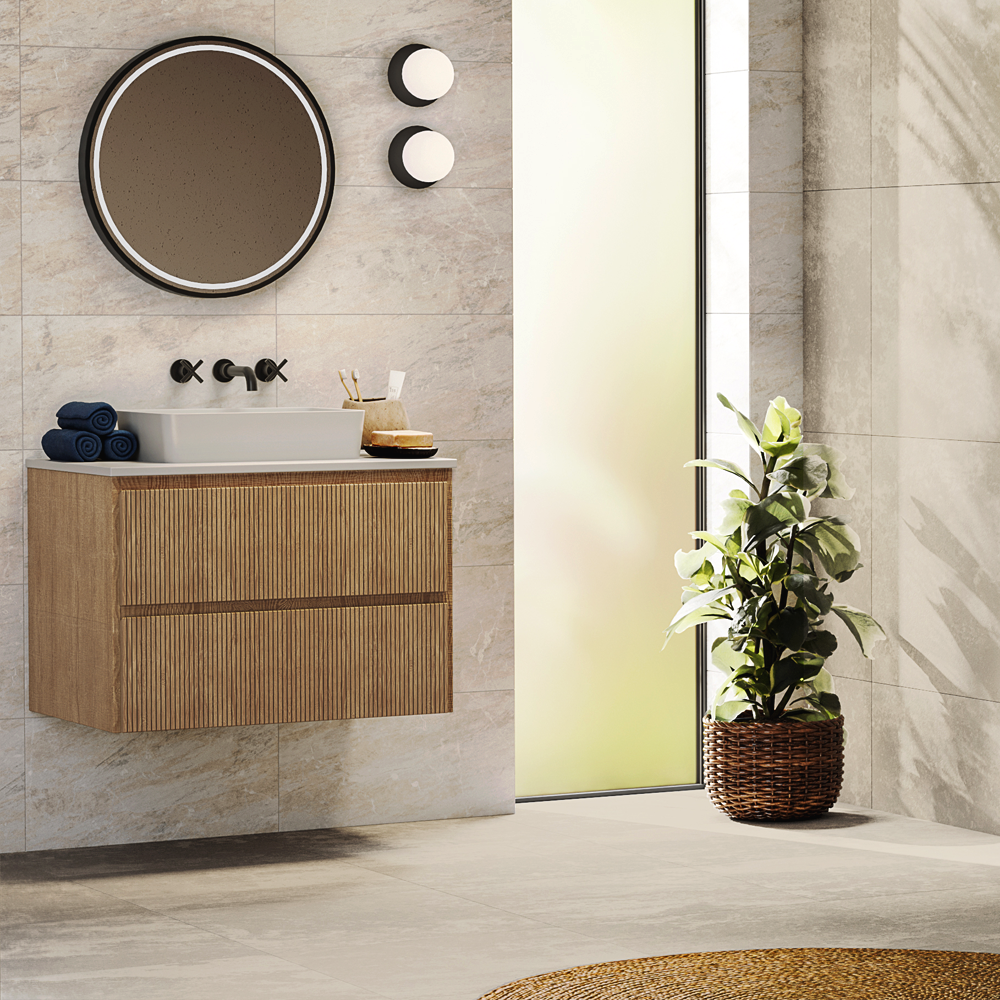 Osaka Slatted Oak 800mm Wall Hung 2-Drawer Countertop Vanity Unit with White Stone Worktop and Rectangular Basin - Image 2