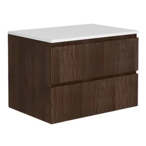 Osaka Slatted Dark Oak 800mm Wall Hung 2-Drawer Countertop Vanity Unit with White Stone Worktop