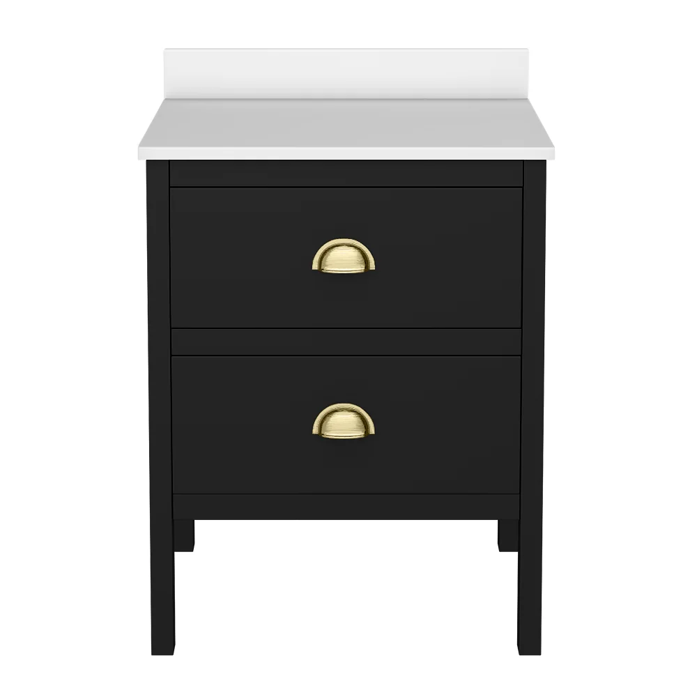 Alchemy 610mm Floor Standing Vanity Unit - Matt Black with White Granite Worktop & Brushed Brass Handles - Image 3
