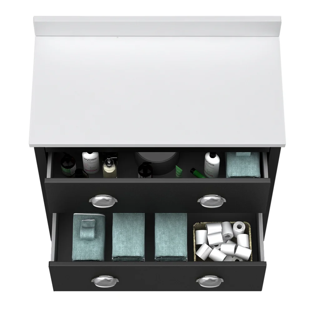 Alchemy 810mm Floor Standing Vanity Unit - Matt Black with White Granite Worktop & Chrome Handles - Image 2