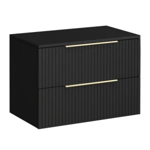 Milan Fluted Soft Black 800mm Wall Hung 2-Drawer Countertop Vanity Unit with Brushed Brass Handles