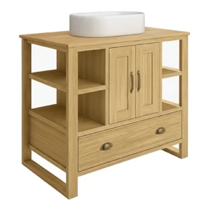 Trafalgar 900mm Solid Oak Vanity Unit with Antique Brass Handles & Gloss White Semi-Oval Basin
