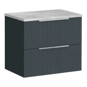 Venice Fluted 600mm Anthracite Vanity Unit - Wall Hung 2 Drawer Unit with Bellato Grey Worktop & Chrome Handles