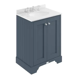 Bayswater Stiffkey Blue 600mm 2 Door Vanity Unit & 3TH White Marble Basin Top