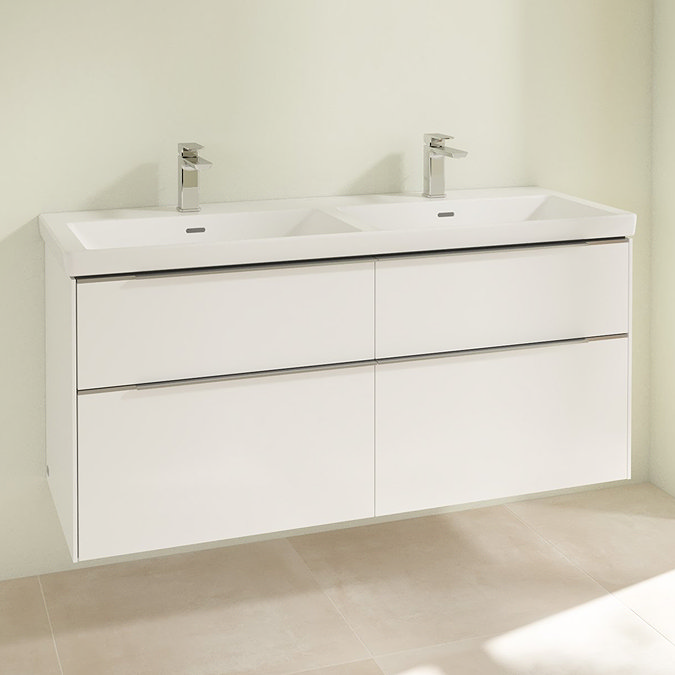 Villeroy and Boch Subway 3.0 White 1300mm Wall Hung 4-Drawer Double Basin Vanity Unit with Glossy Aluminium Handle