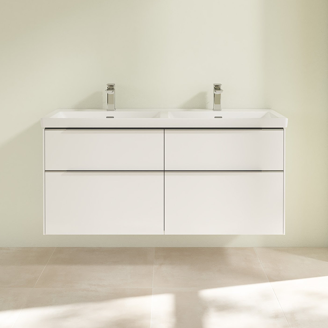 Villeroy and Boch Subway 3.0 White 1300mm Wall Hung 4-Drawer Double Basin Vanity Unit with Glossy Aluminium Handle - Image 2