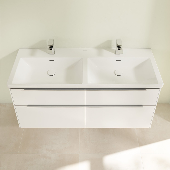Villeroy and Boch Subway 3.0 White 1300mm Wall Hung 4-Drawer Double Basin Vanity Unit with Glossy Aluminium Handle - Image 3