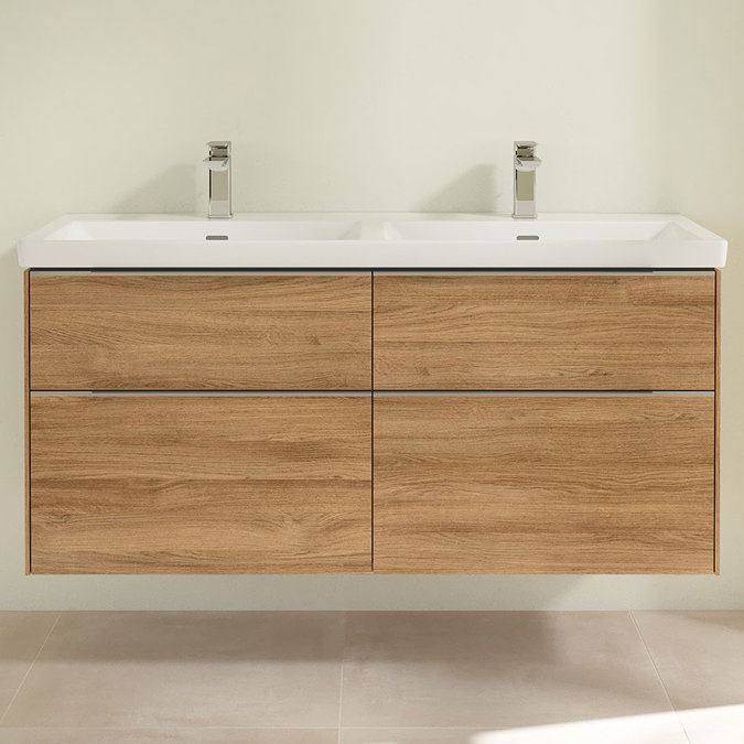 Villeroy and Boch Subway 3.0 Kansas Oak 1300mm Wall Hung 4-Drawer Double Basin Vanity Unit with Glossy Aluminium Handle - Image 2