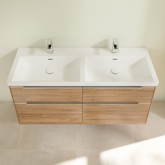 Villeroy and Boch Subway 3.0 Kansas Oak 1300mm Wall Hung 4-Drawer Double Basin Vanity Unit with Glossy Aluminium Handle - Image 3