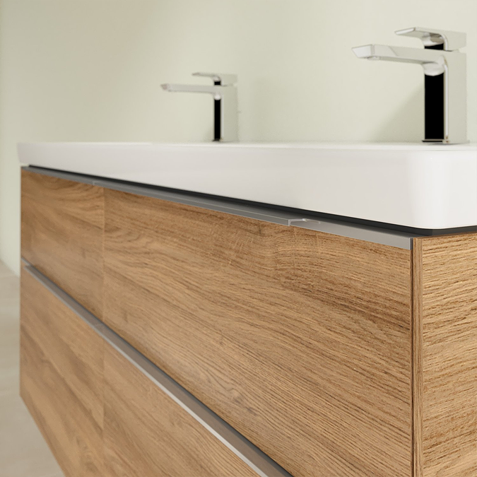 Villeroy and Boch Subway 3.0 Kansas Oak 1300mm Wall Hung 4-Drawer Double Basin Vanity Unit with Glossy Aluminium Handle - Image 4