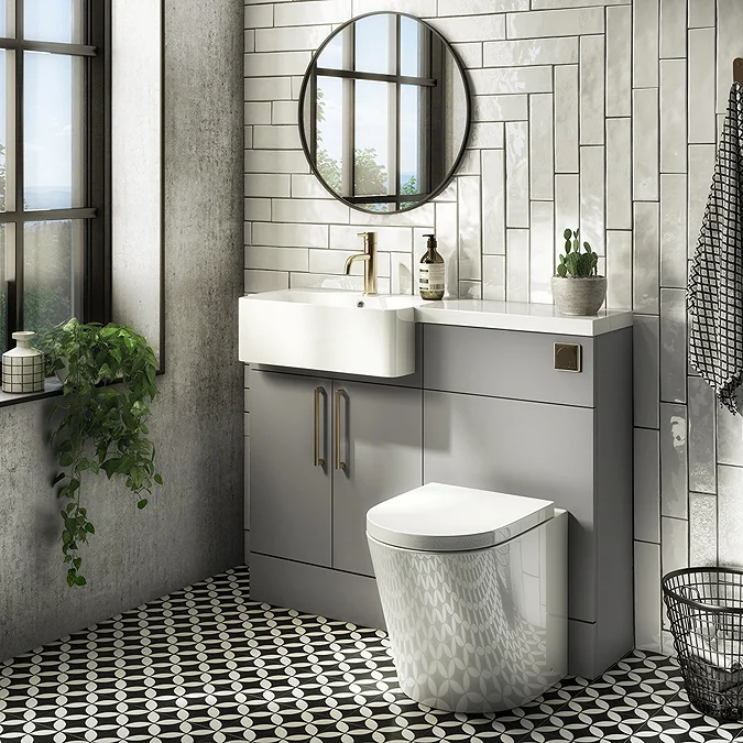 Arezzo 1100 Matt Grey Semi-Recessed Round Combination Vanity Unit (Brushed Brass Flush & Handles)
