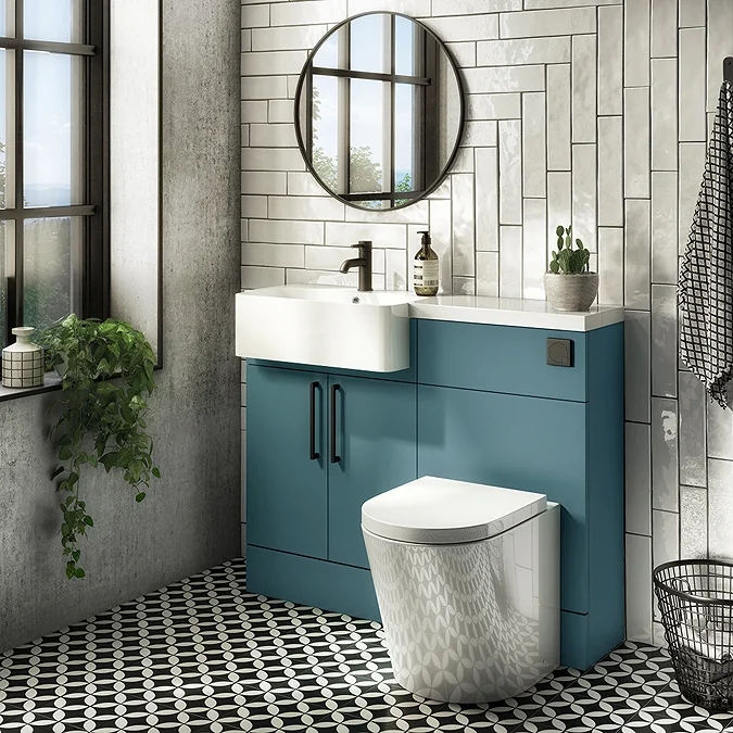 Arezzo 1100 Matt Teal Green Semi-Recessed Round Combination Vanity Unit (Matt Black Flush & Handles)