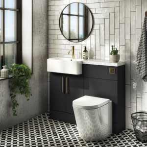 Arezzo 1000 Matt Black Semi-Recessed Round Combination Vanity Unit (Brushed Brass Flush & Handles)