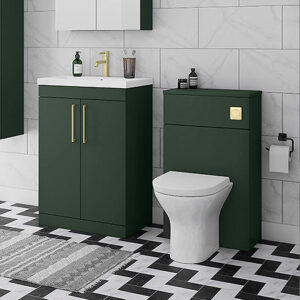 Arezzo Matt Dark Green Combination Vanity and WC Unit with Brushed Brass Handles and Flush