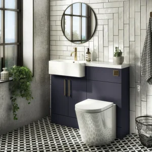 Arezzo 1000 Matt Blue Semi-Recessed Round Combination Vanity Unit (Brushed Brass Flush & Handles)