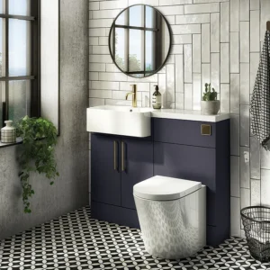 Arezzo 1100 Matt Blue Semi-Recessed Round Combination Vanity Unit (Brushed Brass Flush & Handles)