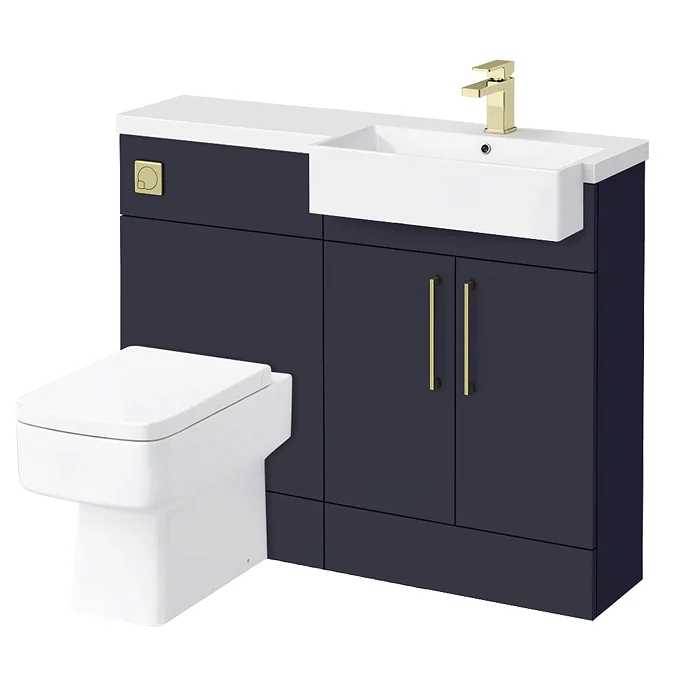 Arezzo 1100 Matt Blue Semi-Recessed Square Combination Vanity Unit (Brushed Brass Flush & Handles)