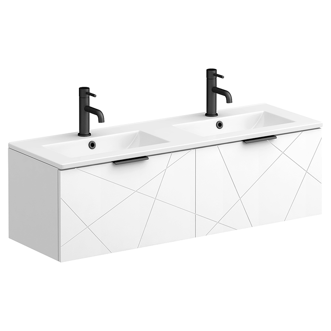 Voyage Wall Hung Double Basin Vanity - 1200mm Arctic White with Matt Black Handles