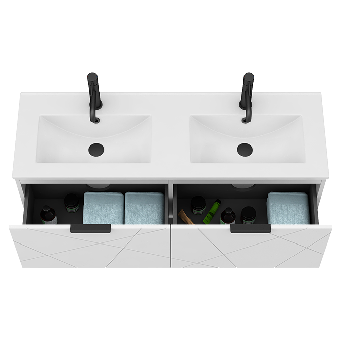 Voyage Wall Hung Double Basin Vanity - 1200mm Arctic White with Matt Black Handles - Image 2
