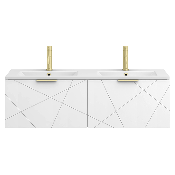 Voyage Wall Hung Double Basin Vanity - 1200mm Arctic White with Brushed Brass Handles - Image 3