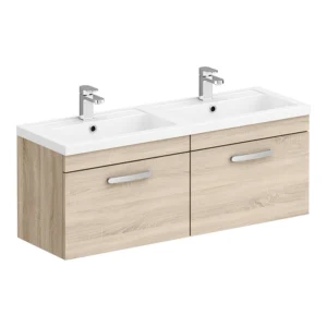 Brooklyn 1205mm Natural Oak Wall Hung Vanity Unit – Double Basin, 2 Soft-Close Drawers